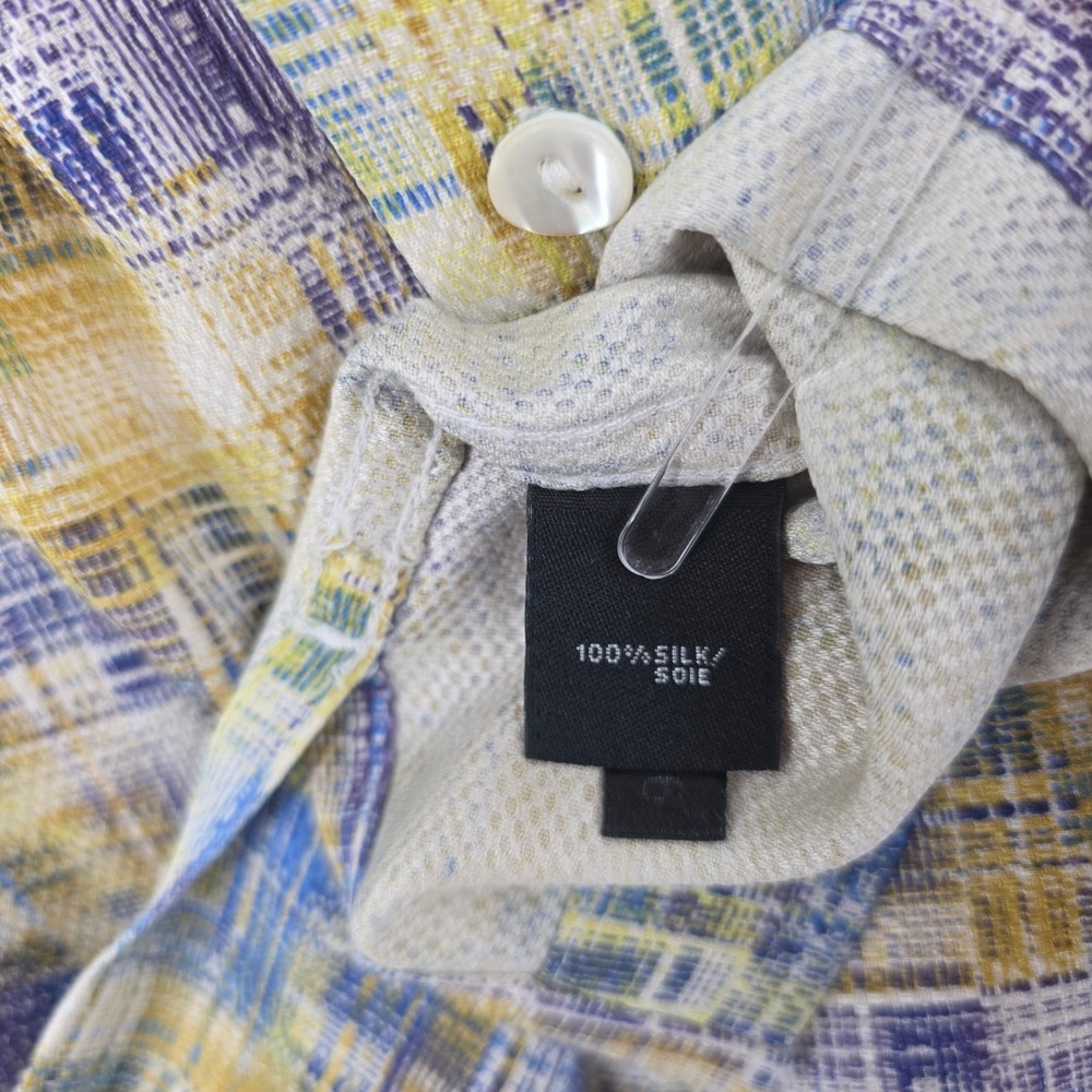 Jhane Barnes Mens XL Silk Short Sleeve Button Down Shirt Abstract Grid Blue Gold - Picture 6 of 7
